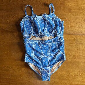 J. Crew blue paisley ruffle-edge swimsuit 7 NWT